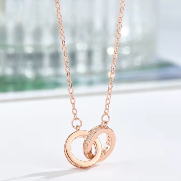 NWOT 925 Sterling Silver Double Circle CZ Necklace 8” Rose Gold Interlocking - Picture 1 of 14
